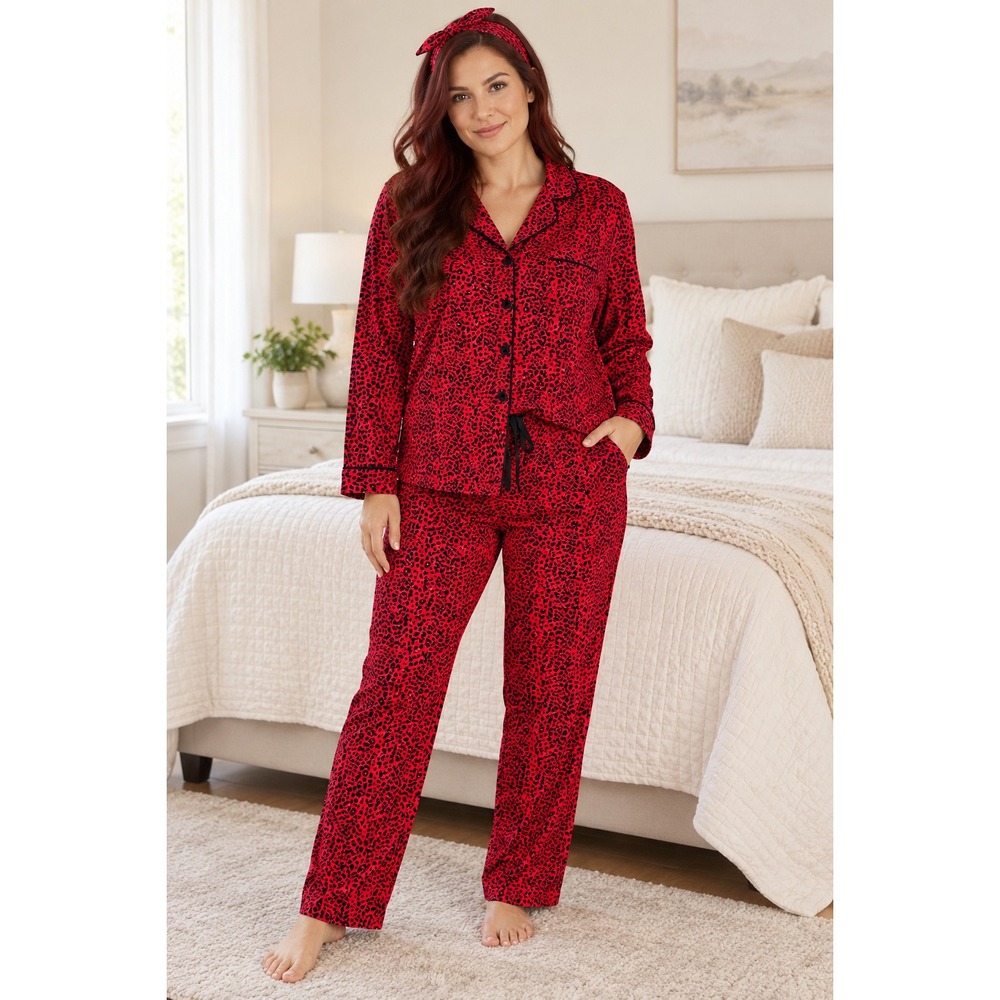 NWT PJ Salvage 3- Piece Pajama Set XL Red Black Leopard Print Headband